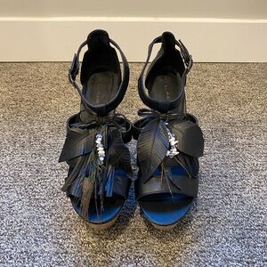 Black Feathered Women's 5.5” Heels Sandals Boho Festival Size 9